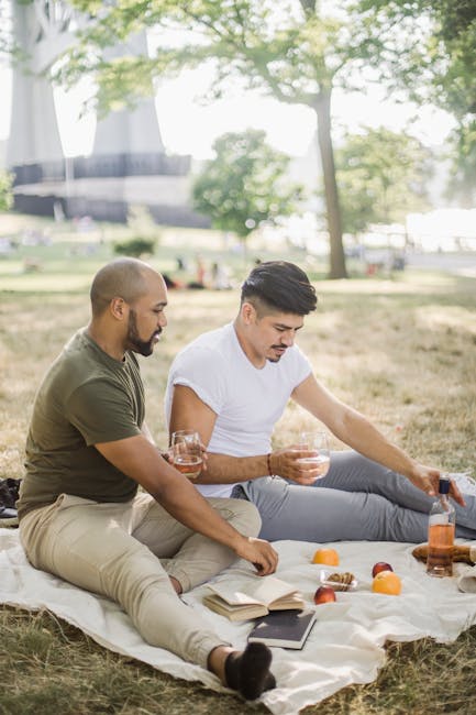 Two young men are sitting on a cream-colored blanket spread on the grass in a park with lush green trees and a sunny sky in the background. One man has short dark hair and is wearing a white t-shirt a