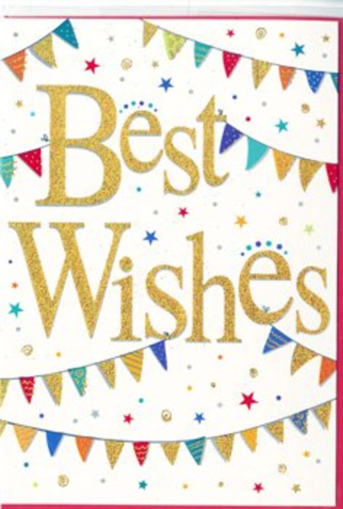 In this image, a celebratory card offers a bright, uplifting vision of good wishes, perfectly suited to life's proudest moments in and around Lea Bridge. The design begins with a crisp white background, against which the central words "Best Wishes" stand out boldly in shimmering, golden script. The lettering curves and loops with an easy grace, its slightly raised, glittered finish suggesting a tactile quality, as if your fingertips would feel each stroke the way you sense the gentle pattern of a ribbon tied around a bouquet. Framing this message are sweeping lines of bunting at the top and bottom, draped in relaxed arcs that evoke community parties, garden gatherings near Millfields Park, or celebrations along the canal. Every tiny pennant is a different slice of colour: deep blues, warm reds, lively greens, bright yellows, and softer pinks all share space harmoniously. Some triangles wear slender stripes, others are speckled with dots or divided into small geometric segments, creating a patchwork of festive detail. Sprinkled lightly among these arcs are tiny stars and dots in coordinating colours, like a flurry of confetti caught just before it settles. The layout feels spacious, with plenty of white breathing room that lets each element sing without crowding the others. The card's mood is one of unforced happiness-a design that could accompany flowers sent across Lea Bridge to mark graduation results, a new baby, a housewarming, or any personal triumph. You can imagine it propped beside fresh blooms on a kitchen table, quietly reminding the recipient that their success is noticed, cherished, and joyfully celebrated.