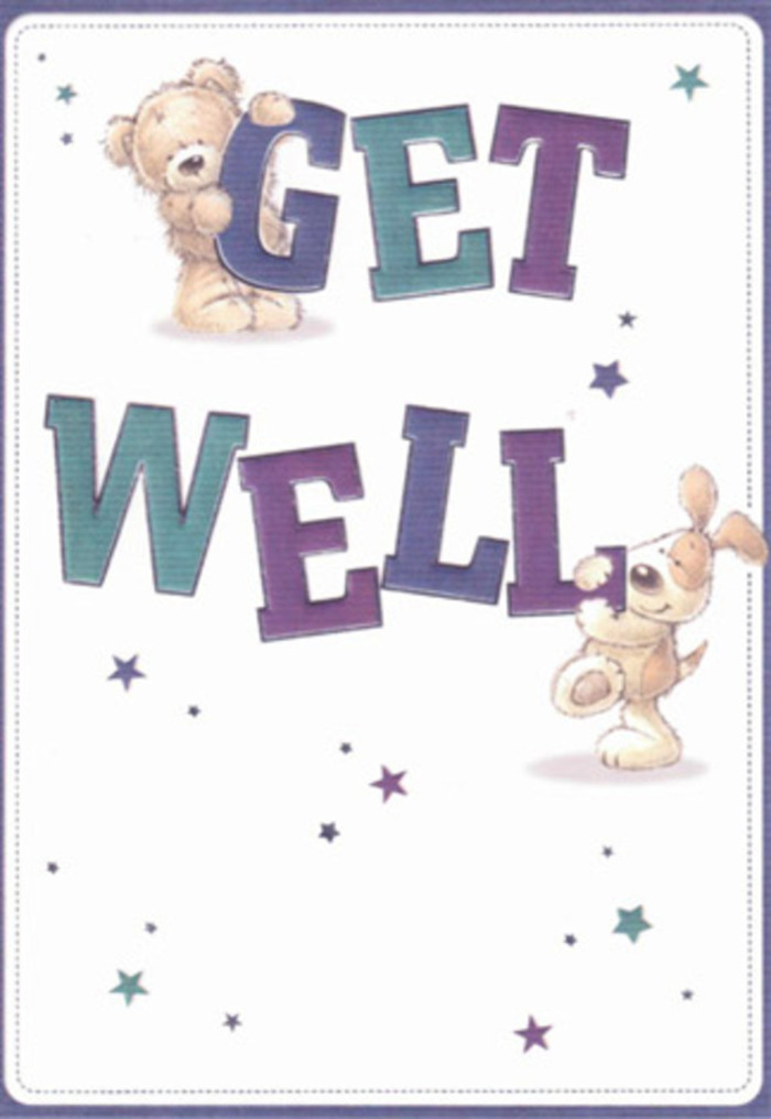 Capturing the essence of gentle encouragement, this illustrated get well card tells a story reflective of Lea Bridge's welcoming streets and community gardens. Centre stage are a friendly bear and a lively puppy, brought to life in soft brushstrokes and inviting hues. Playful stars dance around them-bursts of indigo, teal, and lavender that float through a clean field of white, much like petals blown across the green expanses of Millfields Park. The confident, oversized 'GET WELL' lettering grounds the design, shaded in gradients of violet and aqua, lending a cheerful foundation to the scene. There's a tactile invitation in every detail-the bear's fluff, the puppy's velvety ears-creating an almost physical sense of comfort. Visual warmth radiates from their interaction, echoing the supportive neighbourly ties felt along Lea Bridge Road or in local flower markets. Imagine this card accompanying a fresh arrangement from Lea Bridge Florist; together, they radiate hope and heartfelt care, offering a gentle lift to any loved one's spirits in need of healing or encouragement. The card's light and airy composition is a visual embrace-perfect for bringing smiles to homes across the community.