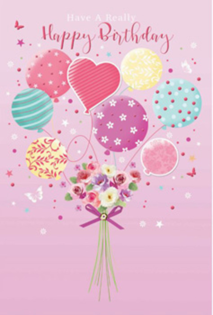 There is a sense of gentle jubilation woven through this illustrated birthday design, as if it has captured the mood of a sunny day by Lea Bridge in delicate colour and line. A soft pink background sets a tranquil scene, while above, a loose cluster of balloons drifts upward with quiet energy. These balloons glow in pale sunshine yellow, rosy fuchsia, lavender, and cool mint, each one decorated with patterns that bring a smile: whimsical ribbon curls, scattered dots, tiny blossoms, and flowing motifs that recall the movement of the nearby River Lea. Their rounded forms reflect soft highlights, giving the impression of smooth, light-catching surfaces you could almost reach out and touch. Suspended from these balloons is a hand-tied bouquet that appears to be gently pulled skyward in celebration. The bouquet features petite roses and daisy-like blooms, their petals shaded from cream through blush to a deeper rose, much like flowers bathed in early morning light over Millfields Park. The flowers cluster together naturally, their imagined fragrance delicate and soothing, evoking the freshness you'd expect from blooms prepared by a careful local florist. At the base, a violet satin bow neatly gathers the stems, its loops and trailing ends adding structure and elegance to the light, floating composition. Around the main arrangement, soft star shapes and tiny butterflies give a feeling of a daydream or a garden party caught in a magical moment. The entire piece whispers happiness and affection, like a thoughtfully chosen birthday card for someone living near Lea Bridge Road, crafted to make the recipient feel cherished and celebrated in a way that's both playful and refined.
