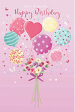 This birthday illustration unfolds as a whimsical celebration, the kind you might imagine taking place in a Lea Bridge kitchen filled with balloons and flowers on a special morning. The artwork rests on a blush-pink background, gentle and inviting. Rising from the base is a cluster of pastel balloons, some perfectly round and one heart-shaped, their colours melting together in soft shades of mint, butter yellow, rose, mauve, and lavender. Each balloon has its own personality: some are wrapped in candy-coloured stripes, others sparkle with playful polka dots, while a few carry tiny floral or star patterns that evoke the charm of local gardens around the River Lea and Millfields Park. Attached beneath this parade of colour is a petite hand-tied bouquet, brimming with delicate roses and anemone-like blossoms in creamy ivory, blush pink, and soft mauve. The petals are illustrated with feathery layers and gentle shading, suggesting a velvet-like texture and a subtle, fresh fragrance, as if the flowers had just been arranged for same-day delivery to a nearby Lea Bridge address. A neat violet satin bow holds the stems together, its silky loops and tails adding a polished finish that contrasts beautifully with the lightness of the balloons above. Tiny stars and fluttering butterflies are scattered through the scene, adding a touch of fairy-tale wonder, as though birthday wishes were literally floating through the air. The overall mood is airy, sweet, and quietly festive, capturing the spirit of a birthday meant to be bright, heartfelt, and unforgettable for someone celebrating in this East London neighbourhood.