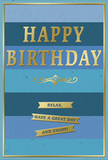 An artfully designed birthday card stands upright, its soothing palette of blues and golds conjuring the easygoing character of Lea Bridge on a bright, calm morning. The background is formed from wide, horizontal swathes of blue that gently shift from deep navy at the top to a pale sky shade near the bottom, passing through softer mid-blue and teal in between. This layered effect feels like watching the sky deepen and lighten over the River Lea, a backdrop that is tranquil yet full of quiet life. Across the centre, the words "HAPPY BIRTHDAY" run in confident, embossed gold capitals, the metallic surface reflecting light with a refined sheen. Below the main greeting, a slim, curving gold flourish adds a note of classic elegance, reminiscent of hand-drawn calligraphy. Underneath this flourish, three narrow gold banners are stacked neatly, each ribbon inscribed with part of a gentle directive: "Relax, have a great day and enjoy!" The gold foil elements sit slightly above the matte blue background, giving a tactile dimension that suggests quality and care. Around the outer edge, a fine gold border encloses the design, keeping the eye comfortably within the frame. You might picture this card resting on a wooden table in a Lea Bridge home, alongside a fresh birthday bouquet delivered by a local florist, with soft daylight coming through a nearby window. The mood conveyed is restful yet celebratory, a birthday greeting that encourages the recipient to pause, breathe, and truly savour their special day in simple, genuine comfort.